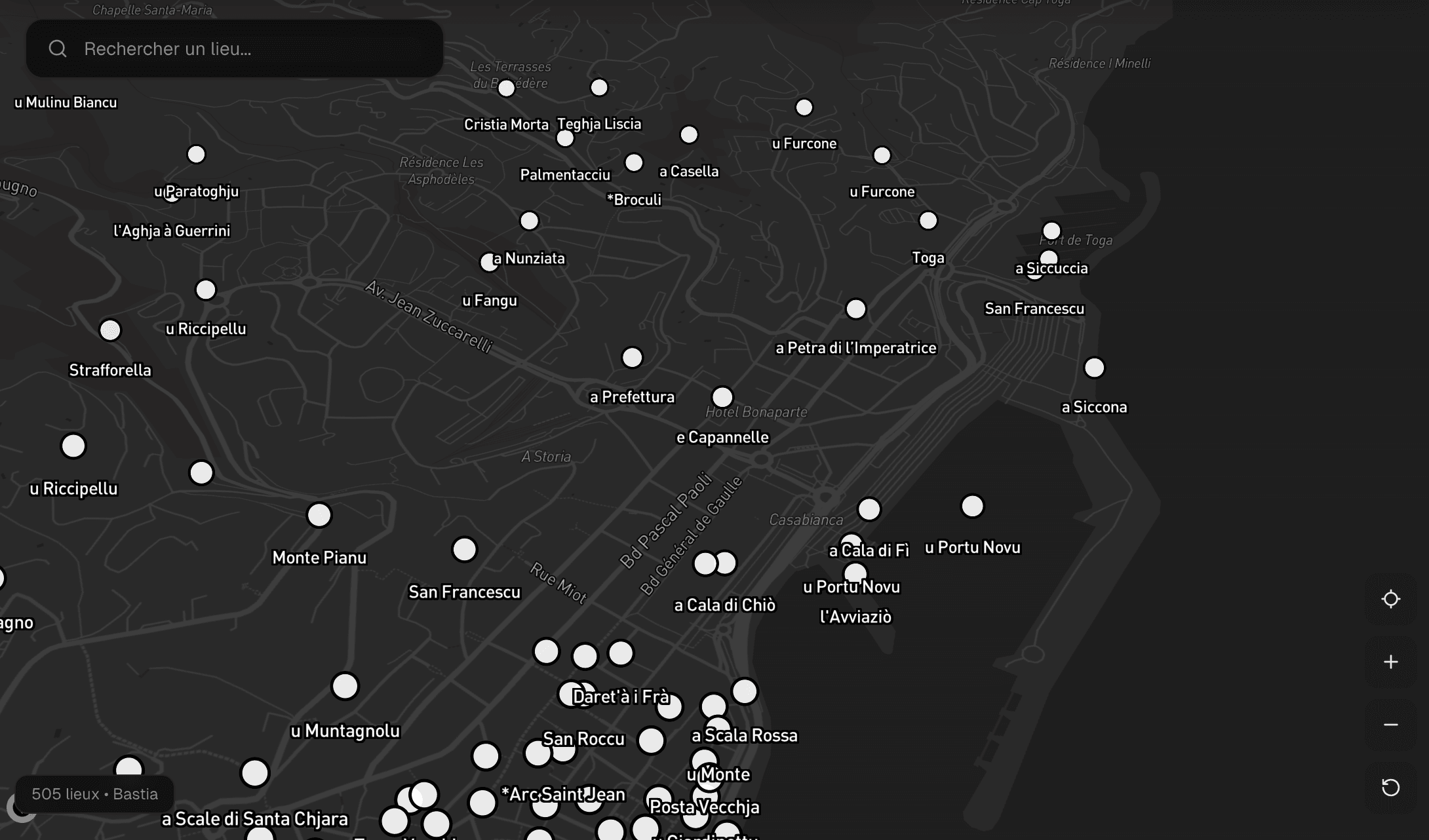 Carte toponymique de Bastia - 505 lieux